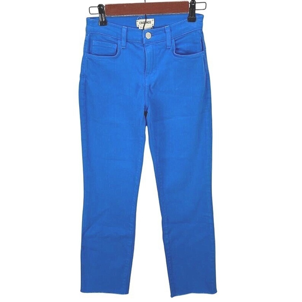 L'AGENCE High Rise Cropped Raw Hem Jeans Womens 23 Cobalt Blue Denim Stretch